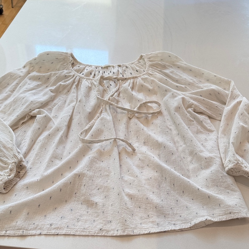 Dylan Boho Pheasant 100% Cotton Tie Neck Cream Blouse, Delicate Dots, Size L - Picture 4 of 11